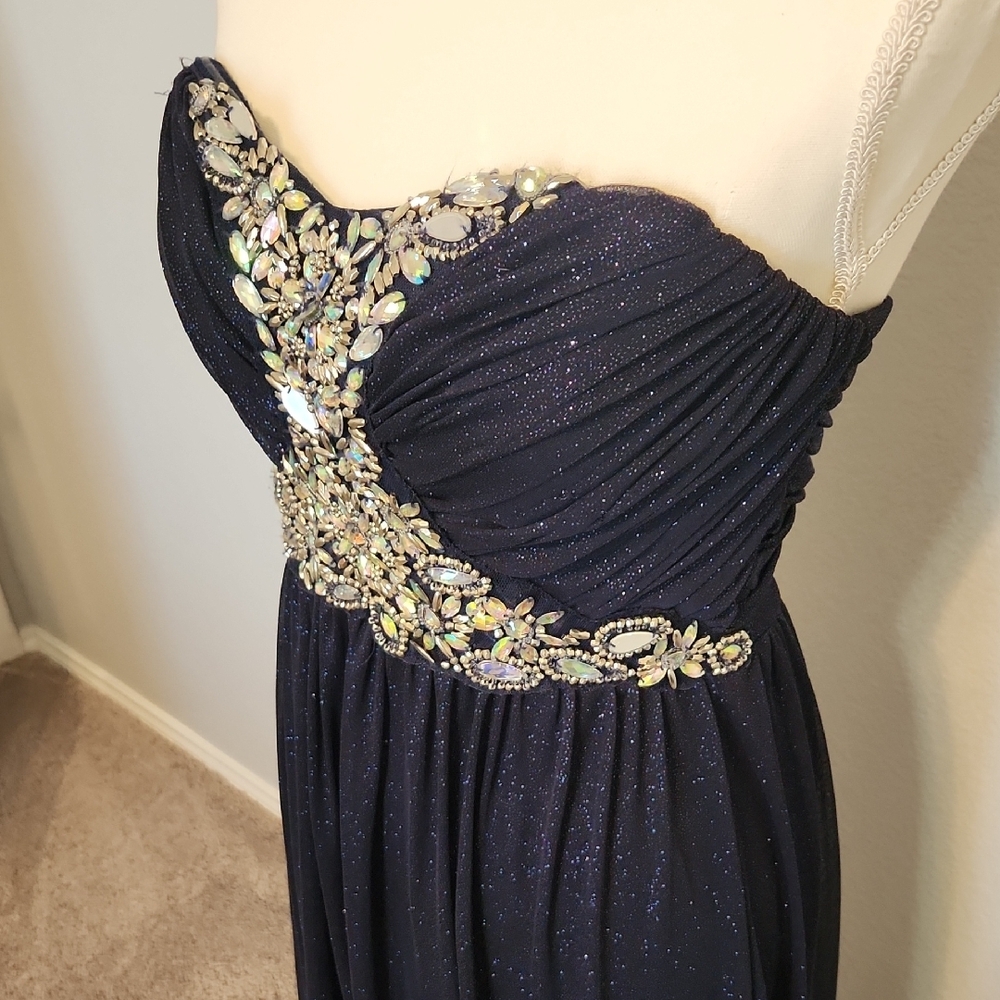 Jodi Kristopher Navy and Gold Strapless Prom Gown
